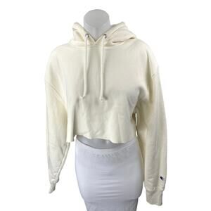 Champion Women's Cream Long Sleeve Hoodie Hooded Crop Sweatshirt Top Size S